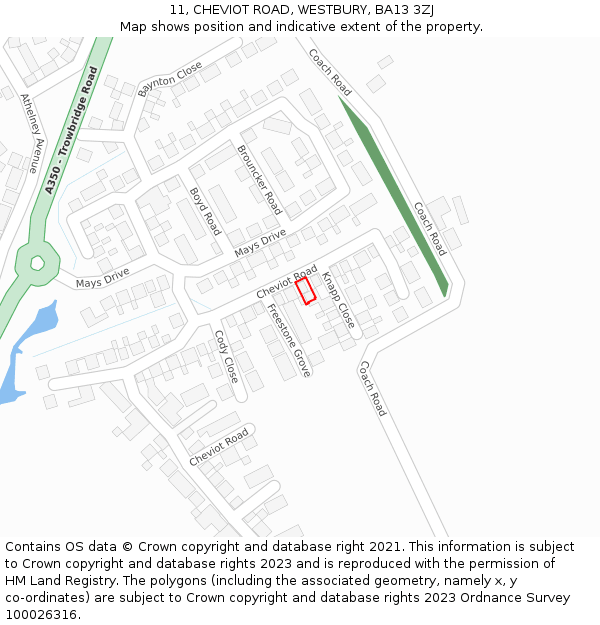 11, CHEVIOT ROAD, WESTBURY, BA13 3ZJ: Location map and indicative extent of plot