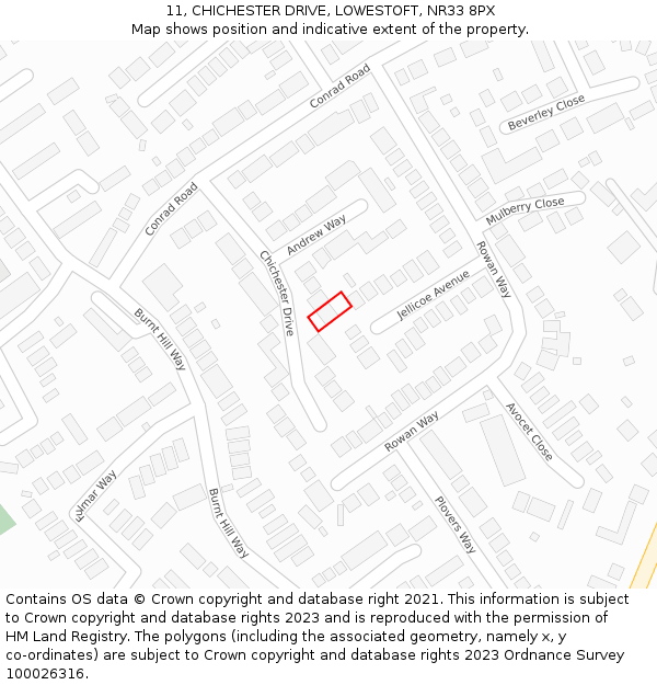 11, CHICHESTER DRIVE, LOWESTOFT, NR33 8PX: Location map and indicative extent of plot