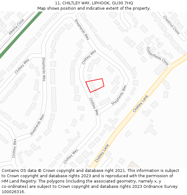 11, CHILTLEY WAY, LIPHOOK, GU30 7HQ: Location map and indicative extent of plot