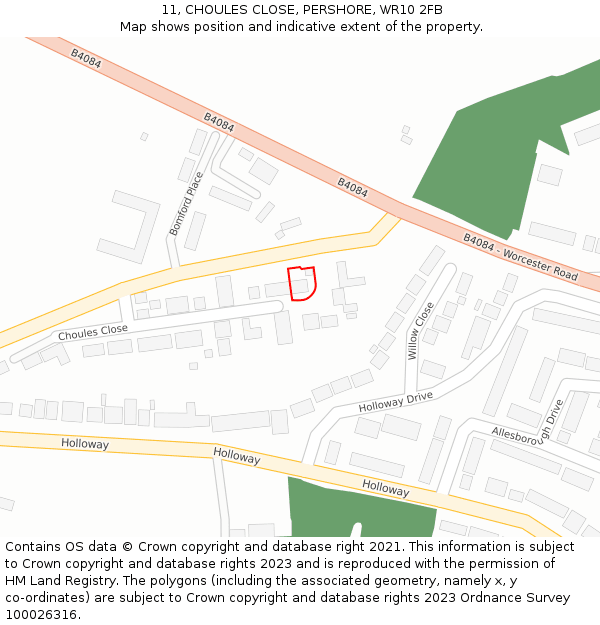 11, CHOULES CLOSE, PERSHORE, WR10 2FB: Location map and indicative extent of plot