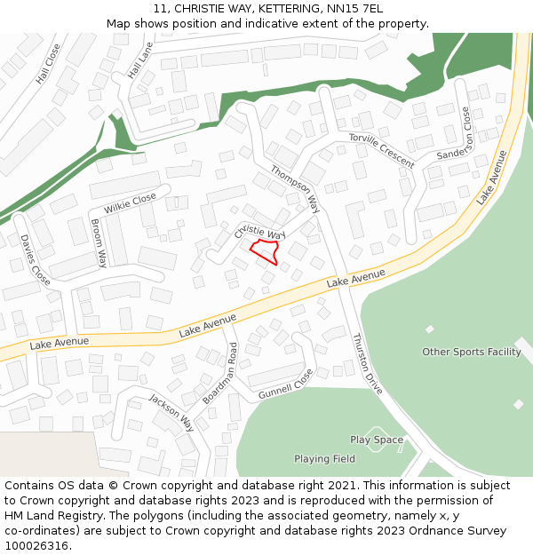 11, CHRISTIE WAY, KETTERING, NN15 7EL: Location map and indicative extent of plot