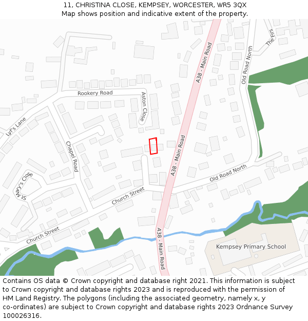 11, CHRISTINA CLOSE, KEMPSEY, WORCESTER, WR5 3QX: Location map and indicative extent of plot