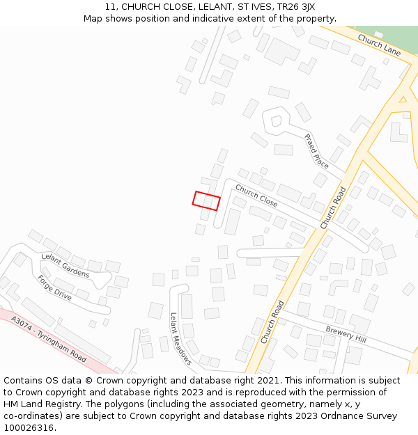 11, CHURCH CLOSE, LELANT, ST IVES, TR26 3JX: Location map and indicative extent of plot