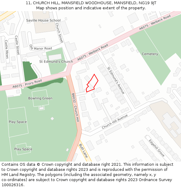 11, CHURCH HILL, MANSFIELD WOODHOUSE, MANSFIELD, NG19 9JT: Location map and indicative extent of plot