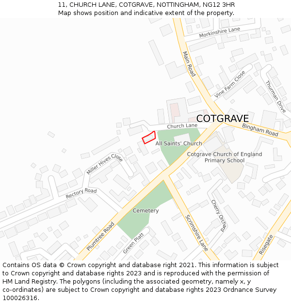 11, CHURCH LANE, COTGRAVE, NOTTINGHAM, NG12 3HR: Location map and indicative extent of plot