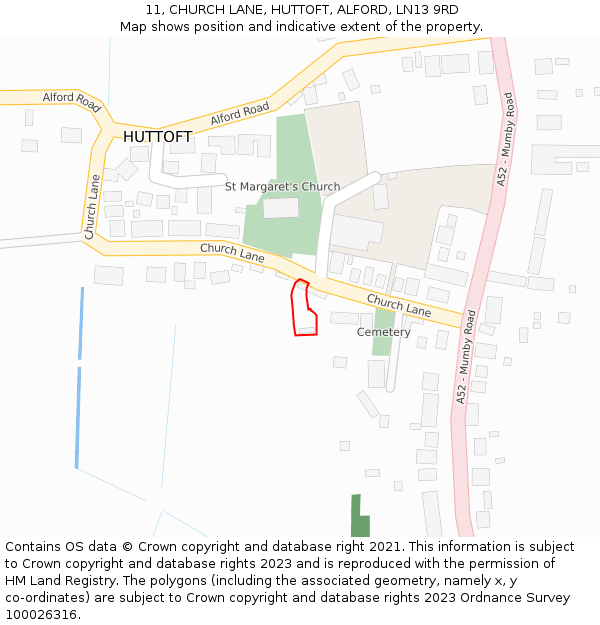 11, CHURCH LANE, HUTTOFT, ALFORD, LN13 9RD: Location map and indicative extent of plot