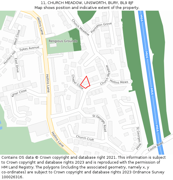 11, CHURCH MEADOW, UNSWORTH, BURY, BL9 8JF: Location map and indicative extent of plot