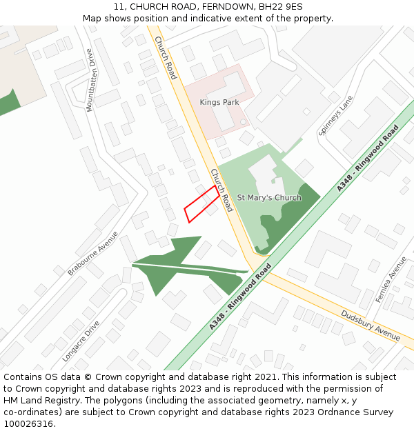 11, CHURCH ROAD, FERNDOWN, BH22 9ES: Location map and indicative extent of plot