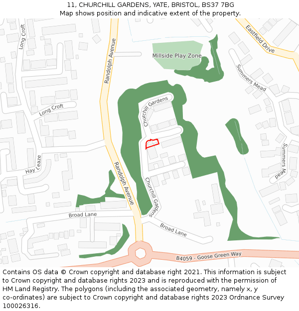 11, CHURCHILL GARDENS, YATE, BRISTOL, BS37 7BG: Location map and indicative extent of plot