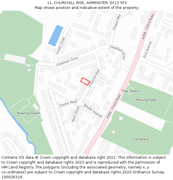 11, CHURCHILL RISE, AXMINSTER, EX13 5FX: Location map and indicative extent of plot