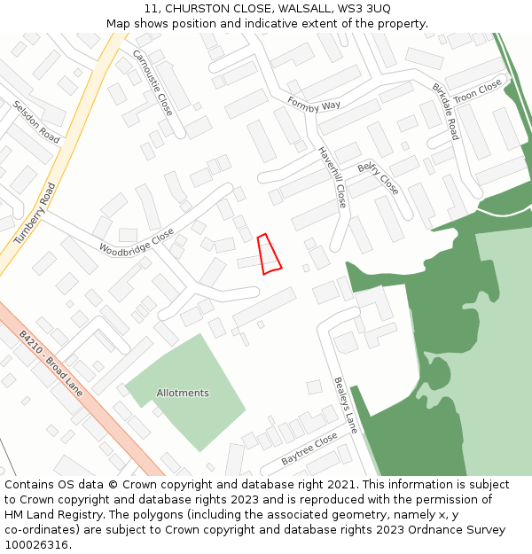 11, CHURSTON CLOSE, WALSALL, WS3 3UQ: Location map and indicative extent of plot