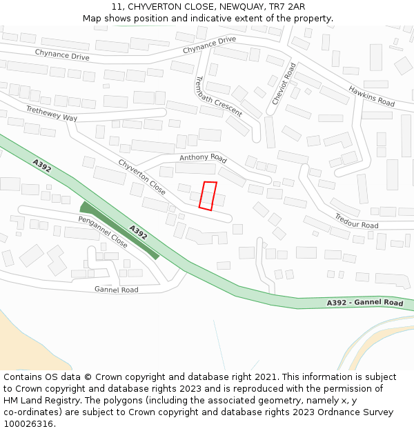 11, CHYVERTON CLOSE, NEWQUAY, TR7 2AR: Location map and indicative extent of plot