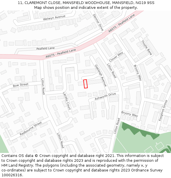 11, CLAREMONT CLOSE, MANSFIELD WOODHOUSE, MANSFIELD, NG19 9SS: Location map and indicative extent of plot