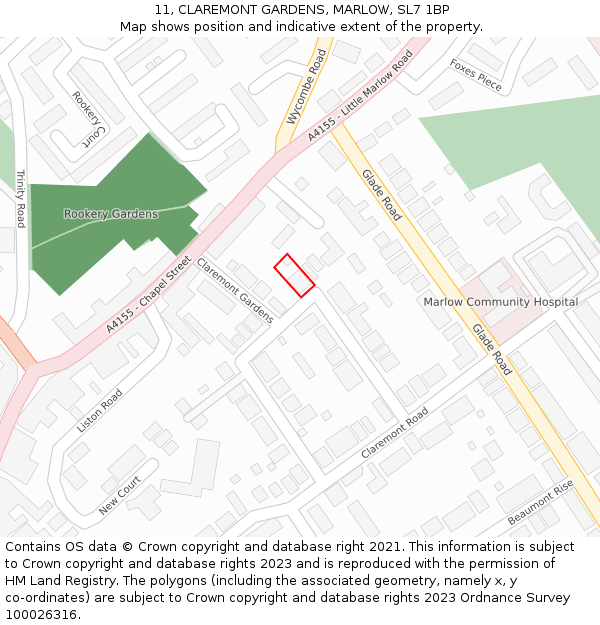 11, CLAREMONT GARDENS, MARLOW, SL7 1BP: Location map and indicative extent of plot