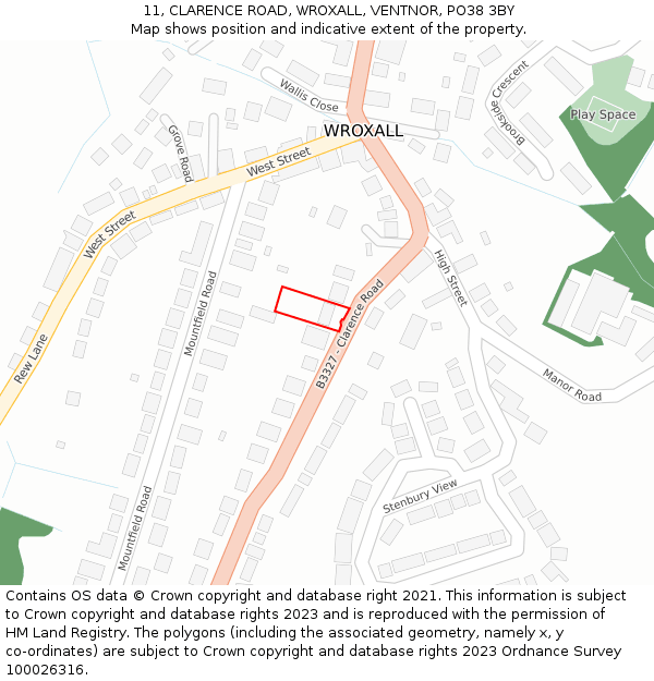 11, CLARENCE ROAD, WROXALL, VENTNOR, PO38 3BY: Location map and indicative extent of plot
