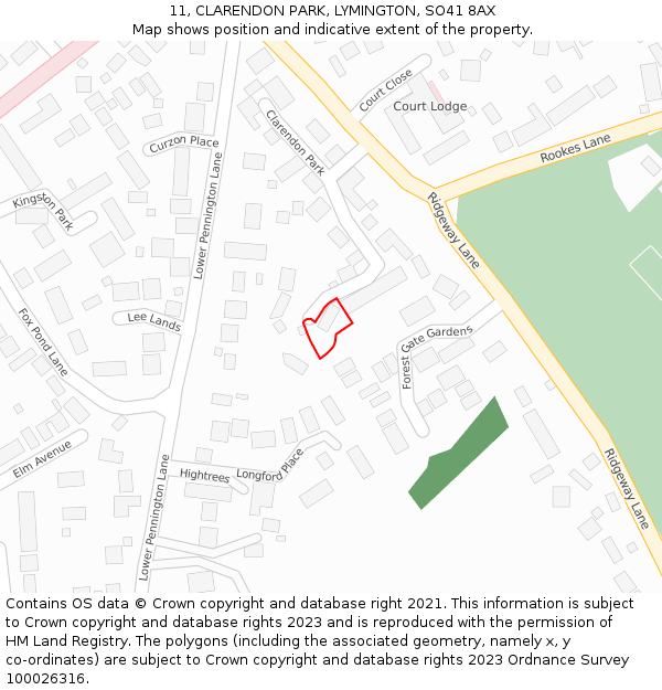 11, CLARENDON PARK, LYMINGTON, SO41 8AX: Location map and indicative extent of plot