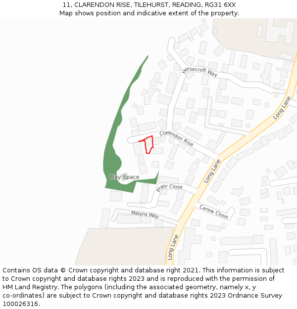 11, CLARENDON RISE, TILEHURST, READING, RG31 6XX: Location map and indicative extent of plot