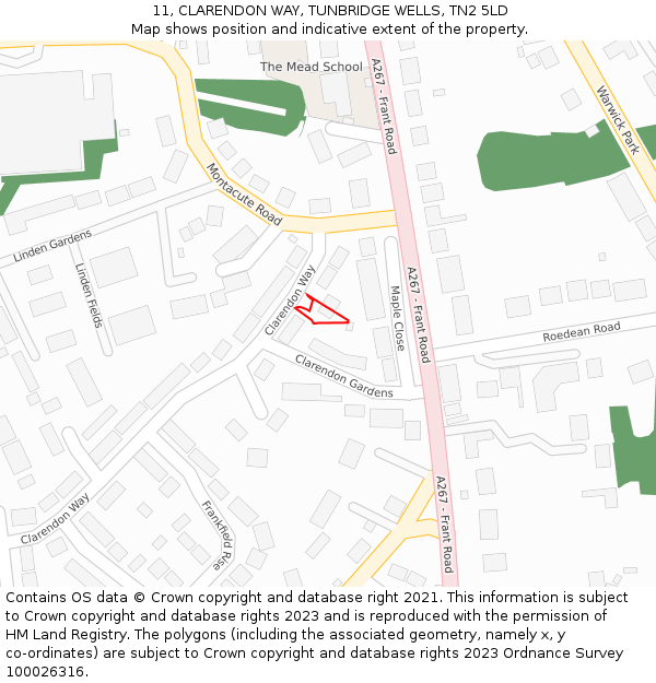 11, CLARENDON WAY, TUNBRIDGE WELLS, TN2 5LD: Location map and indicative extent of plot