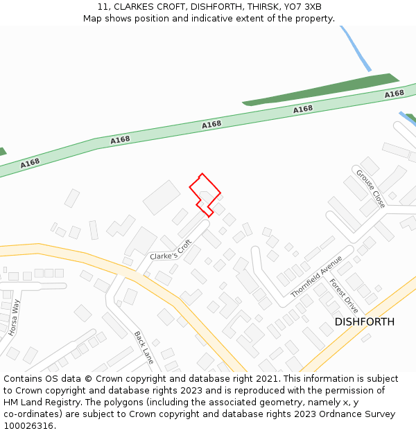11, CLARKES CROFT, DISHFORTH, THIRSK, YO7 3XB: Location map and indicative extent of plot