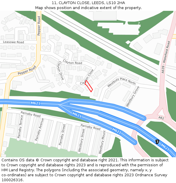 11, CLAYTON CLOSE, LEEDS, LS10 2HA: Location map and indicative extent of plot