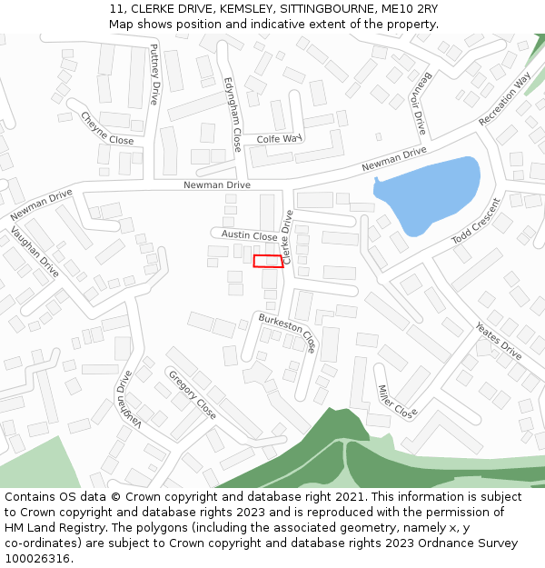 11, CLERKE DRIVE, KEMSLEY, SITTINGBOURNE, ME10 2RY: Location map and indicative extent of plot