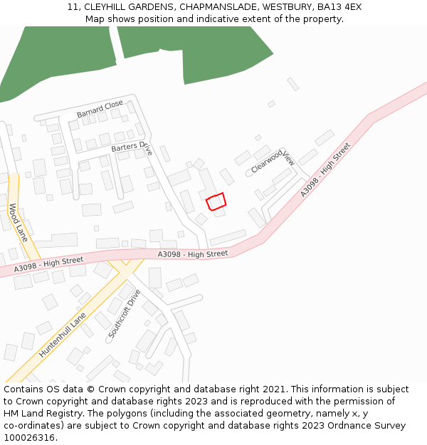 11, CLEYHILL GARDENS, CHAPMANSLADE, WESTBURY, BA13 4EX: Location map and indicative extent of plot