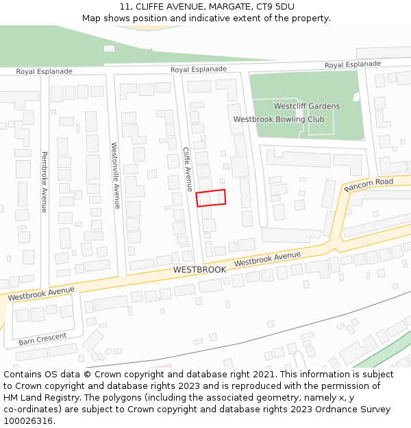 11, CLIFFE AVENUE, MARGATE, CT9 5DU: Location map and indicative extent of plot