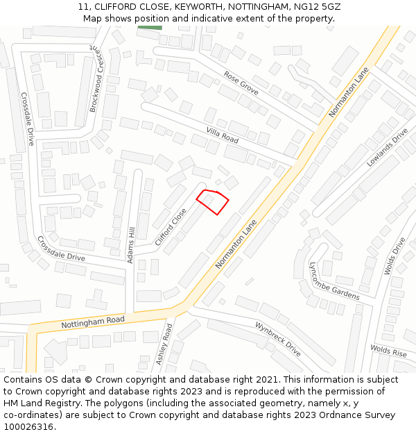 11, CLIFFORD CLOSE, KEYWORTH, NOTTINGHAM, NG12 5GZ: Location map and indicative extent of plot
