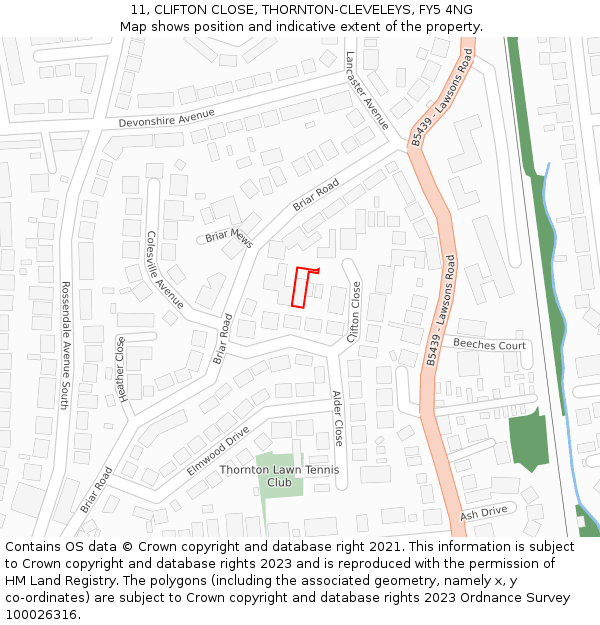 11, CLIFTON CLOSE, THORNTON-CLEVELEYS, FY5 4NG: Location map and indicative extent of plot