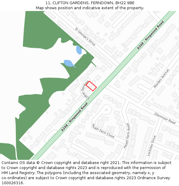 11, CLIFTON GARDENS, FERNDOWN, BH22 9BE: Location map and indicative extent of plot