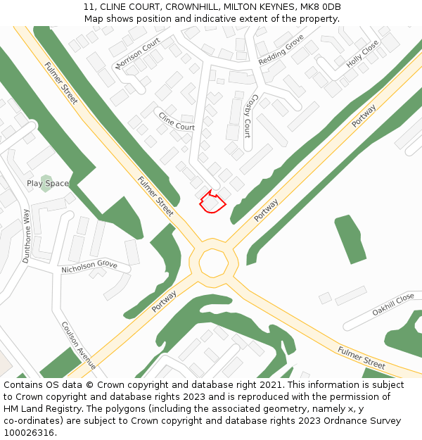 11, CLINE COURT, CROWNHILL, MILTON KEYNES, MK8 0DB: Location map and indicative extent of plot