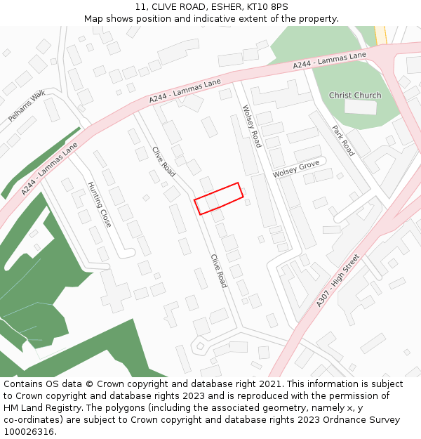 11, CLIVE ROAD, ESHER, KT10 8PS: Location map and indicative extent of plot