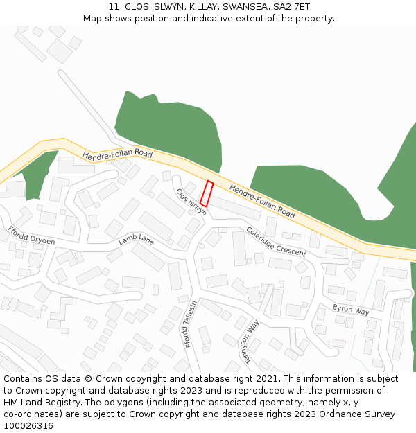 11, CLOS ISLWYN, KILLAY, SWANSEA, SA2 7ET: Location map and indicative extent of plot
