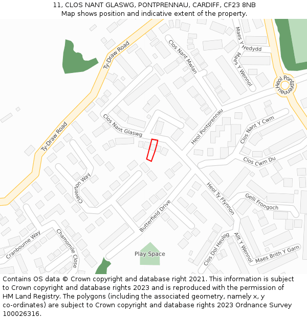 11, CLOS NANT GLASWG, PONTPRENNAU, CARDIFF, CF23 8NB: Location map and indicative extent of plot