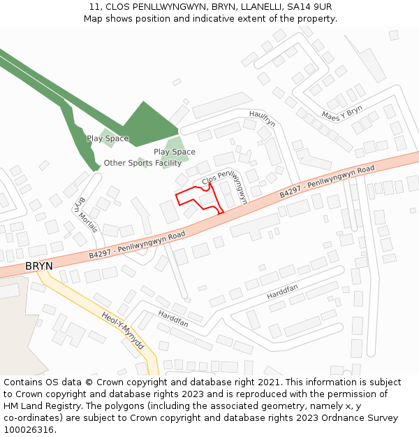 11, CLOS PENLLWYNGWYN, BRYN, LLANELLI, SA14 9UR: Location map and indicative extent of plot