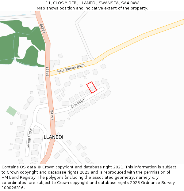 11, CLOS Y DERI, LLANEDI, SWANSEA, SA4 0XW: Location map and indicative extent of plot