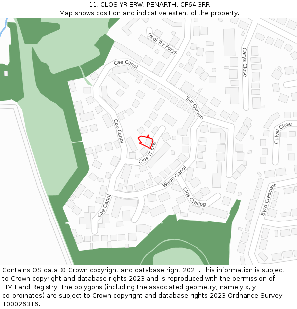 11, CLOS YR ERW, PENARTH, CF64 3RR: Location map and indicative extent of plot