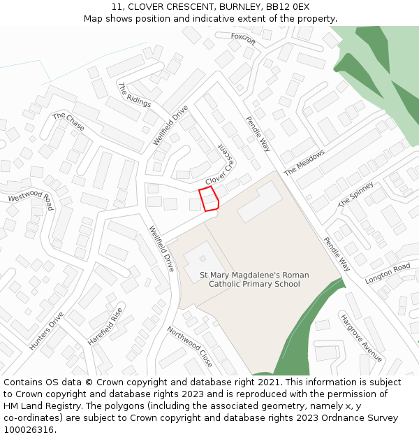 11, CLOVER CRESCENT, BURNLEY, BB12 0EX: Location map and indicative extent of plot