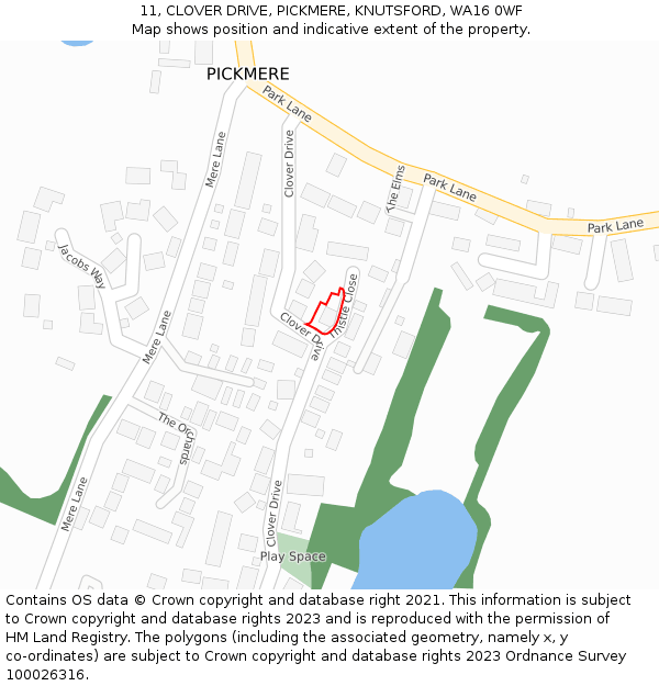 11, CLOVER DRIVE, PICKMERE, KNUTSFORD, WA16 0WF: Location map and indicative extent of plot
