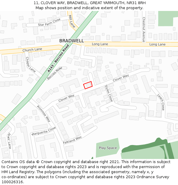 11, CLOVER WAY, BRADWELL, GREAT YARMOUTH, NR31 8RH: Location map and indicative extent of plot