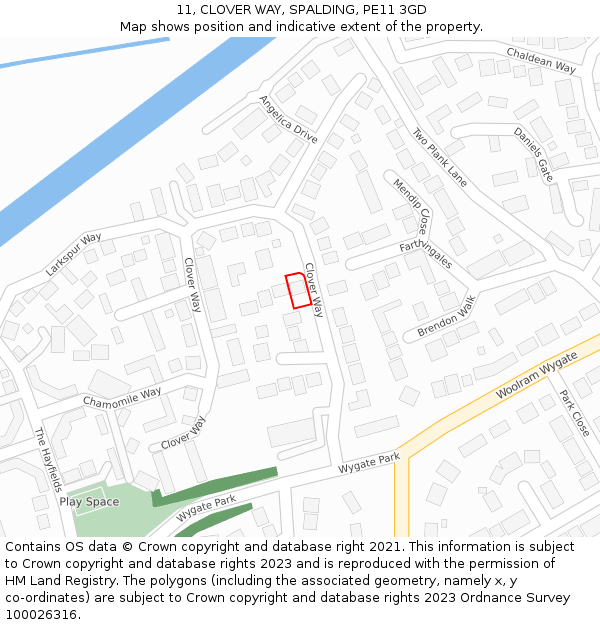11, CLOVER WAY, SPALDING, PE11 3GD: Location map and indicative extent of plot