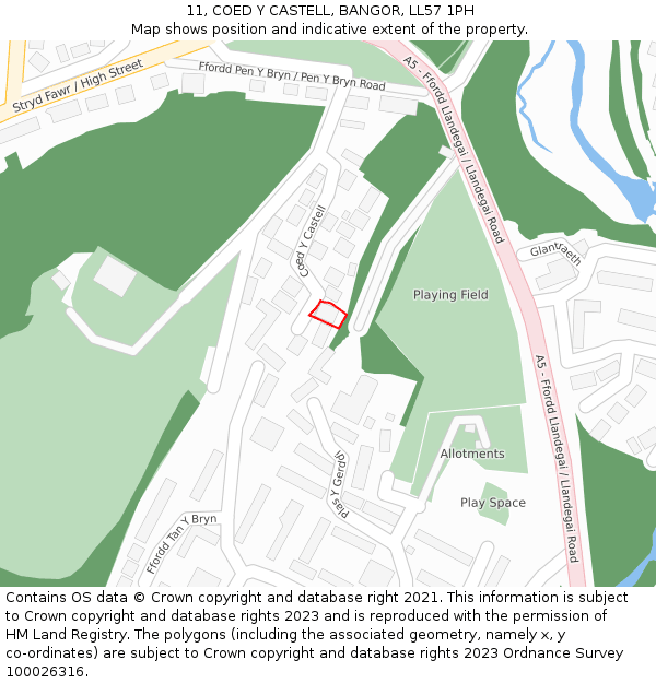 11, COED Y CASTELL, BANGOR, LL57 1PH: Location map and indicative extent of plot