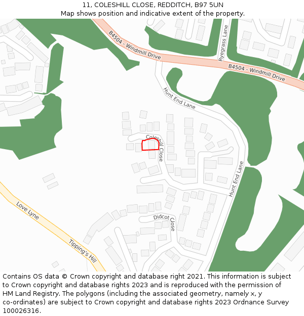 11, COLESHILL CLOSE, REDDITCH, B97 5UN: Location map and indicative extent of plot