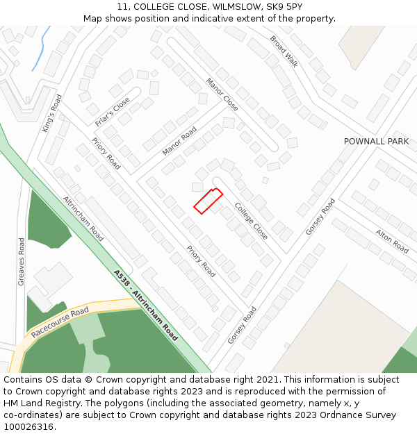 11, COLLEGE CLOSE, WILMSLOW, SK9 5PY: Location map and indicative extent of plot