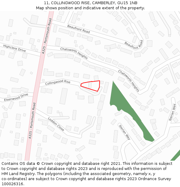 11, COLLINGWOOD RISE, CAMBERLEY, GU15 1NB: Location map and indicative extent of plot