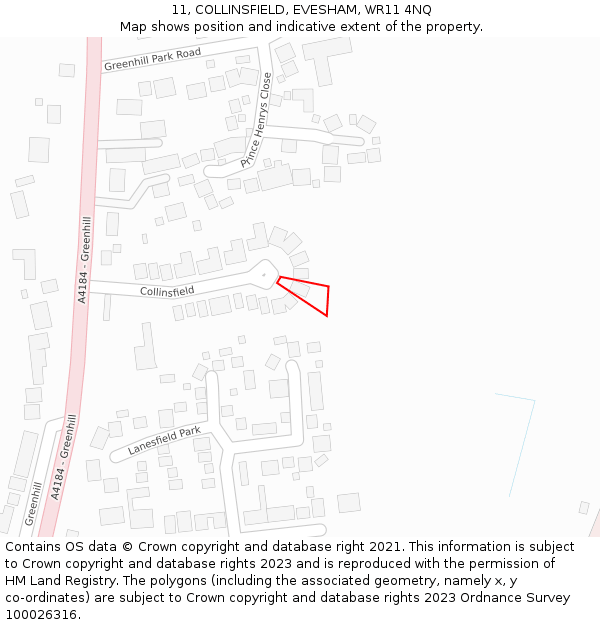 11, COLLINSFIELD, EVESHAM, WR11 4NQ: Location map and indicative extent of plot