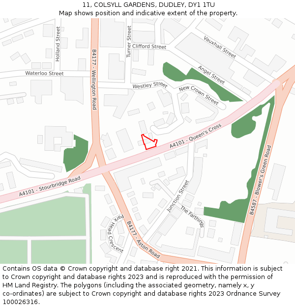 11, COLSYLL GARDENS, DUDLEY, DY1 1TU: Location map and indicative extent of plot