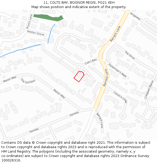 11, COLTS BAY, BOGNOR REGIS, PO21 4EH: Location map and indicative extent of plot