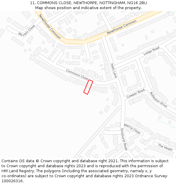 11, COMMONS CLOSE, NEWTHORPE, NOTTINGHAM, NG16 2BU: Location map and indicative extent of plot