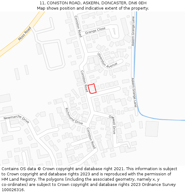 11, CONISTON ROAD, ASKERN, DONCASTER, DN6 0EH: Location map and indicative extent of plot